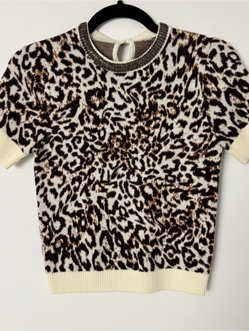 Rebecca Minkoff Brown and Cream Leopard Short-Sleeve Sweater with Beaded Neck